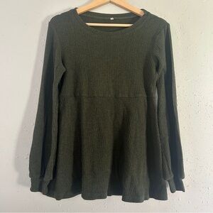 Olive Green Ribbed Knit Top Babydoll Blouse Maternity Casual Comfy Medium